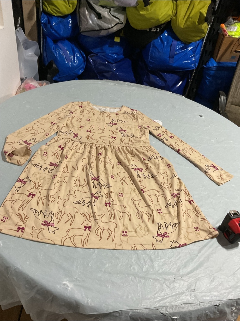 Kids Long-Sleeve Beige Deer Print Dress